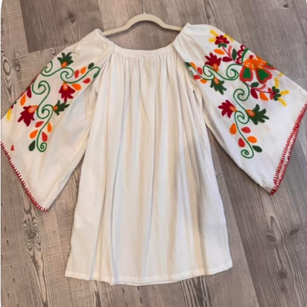Sensi Studio White Embroidered Gauze Off Shoulder Wide Sleeve Short Dress Size S